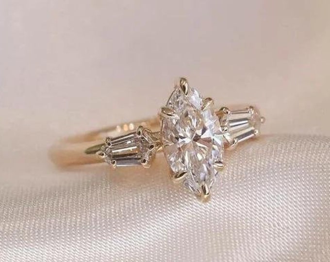 Three Stone Marquise Cut Engagement Ring 1.5 CT Marquise Moissanite Ring 14K Gold Wedding Ring Unique Trilogy Ring Past Present Future