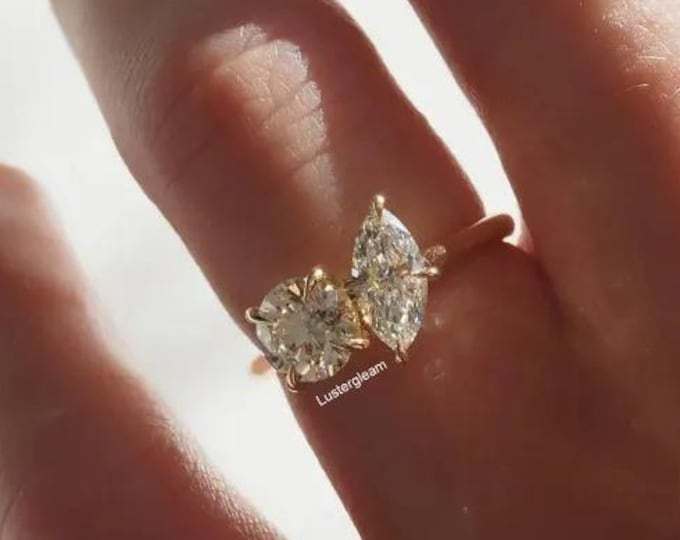 Toi Et Moi 3 CT Marquise And Round Cut Moissanite Engagement Ring Two Stone Ring 14K Gold Ring Anniversary Gift You and Me Ring For Her