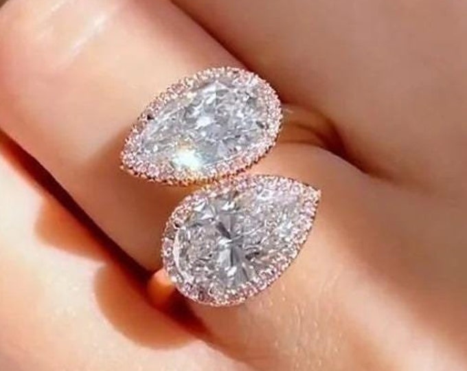 East West 4 TCW Pear Cut Toi Et Moi Ring Pear Cut Moissanite Diamond Ring Pear Cut Halo Engagement Ring 14K Gold Wedding Ring Proposal Ring