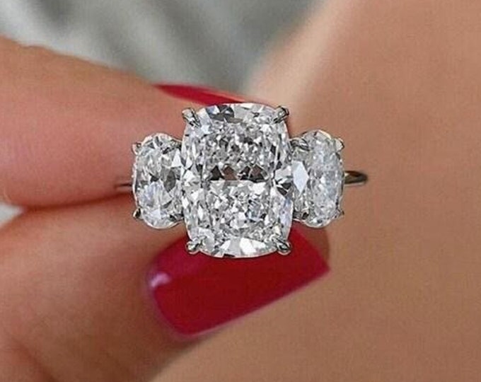 3.50 CT Cushion Moissanite Ring Three Stone Cushion Cut Engagement Ring 14K Gold Wedding Ring Trilogy Ring Unique Ring Eternity Ring