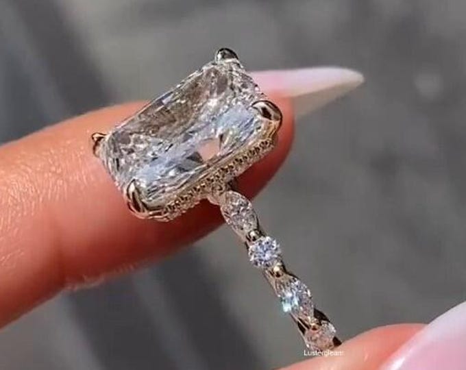 4 CT Radiant Cut Moissanite Ring Radiant Hidden Halo Engagement Ring 14K Gold Wedding Ring Anniversary Ring For Women Anniversary Gift