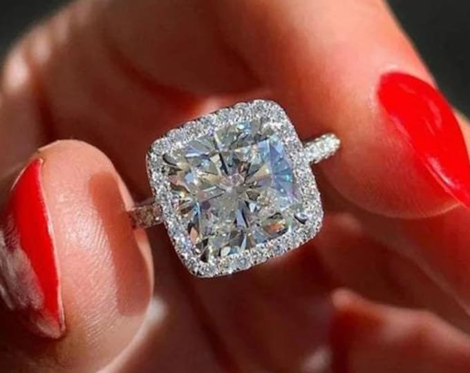 3.5 CT Cushion Cut Moissanite Diamond Ring Cushion Diamond Halo Engagement Ring 14K White Gold Ring For Women Anniversary Ring Proposal Ring