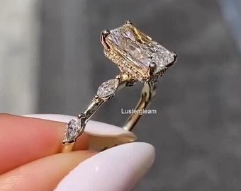 3 CT Radiant Cut Moissanite Diamond Ring Radiant Hidden Halo Engagement Ring 14K Gold Wedding Ring For Women Anniversary Gift Promise Ring