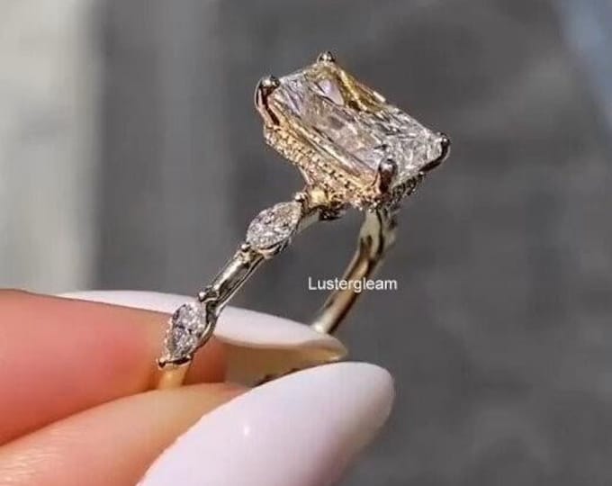 3 CT Radiant Cut Moissanite Diamond Ring Radiant Hidden Halo Engagement Ring 14K Gold Wedding Ring For Women Anniversary Gift Promise Ring
