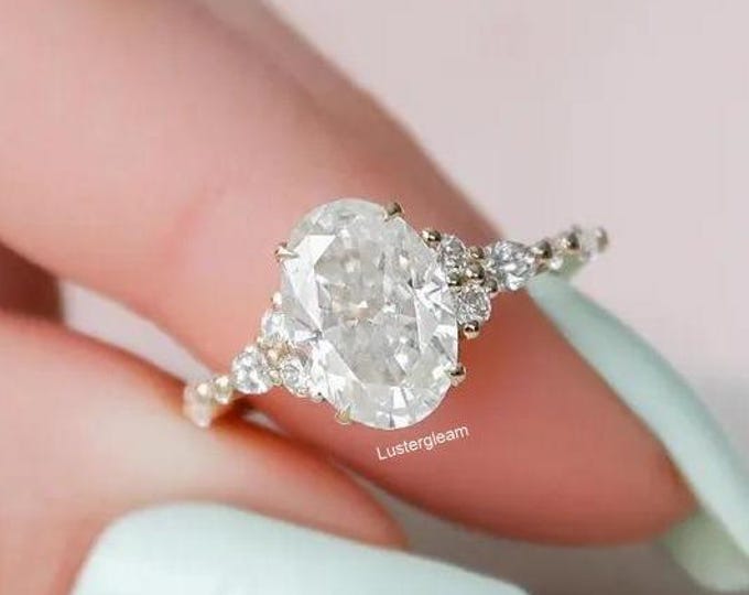 2.5 CT Oval Cut Moissanite Diamond Cluster Ring Oval Cut Engagement Ring Side Stone Ring 14K Gold Ring Unique Anniversary Gift For Her
