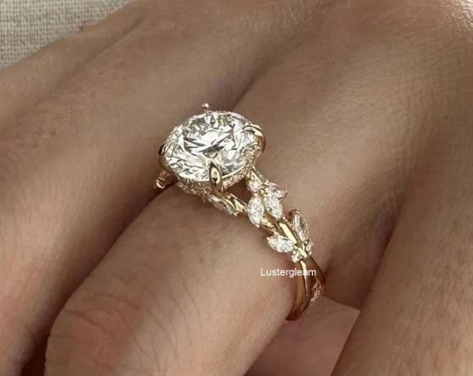 2 CT Floral Round Cut Moissanite Engagement Ring Vintage 14K Gold Moissanite Diamond Wedding Ring Nature Inspire Ring Promise Ring For Women