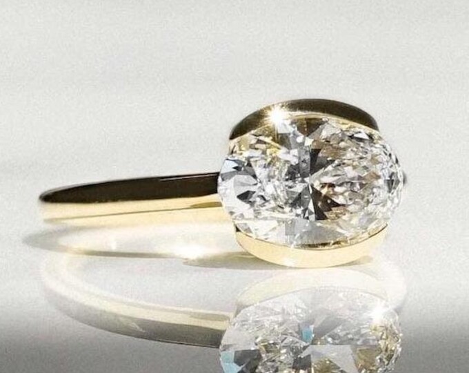 Half Bezel 2 CT Oval Cut Moissanite Diamond Engagement Ring East West Diamond Ring 14K Gold Wedding Ring For Women Anniversary Gift For Her