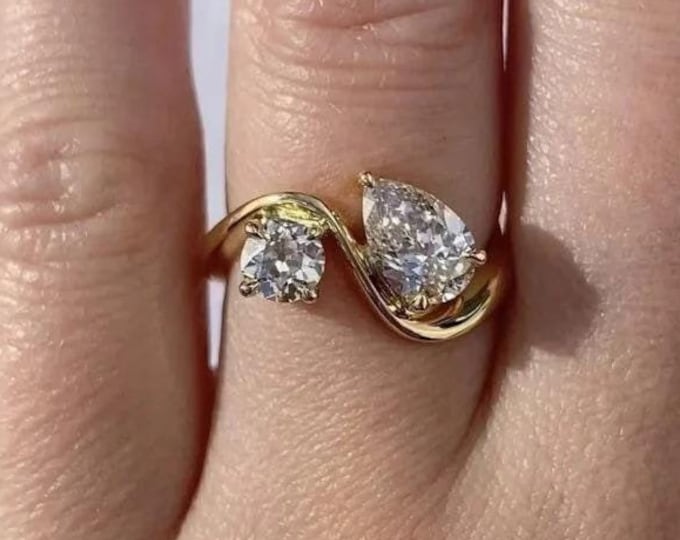 Toi Et Moi Pear And Round Cut Moissanite Engagement Ring Two Stone Ring For Women 14K Gold Ring Wedding Ring Anniversary Gift For Her