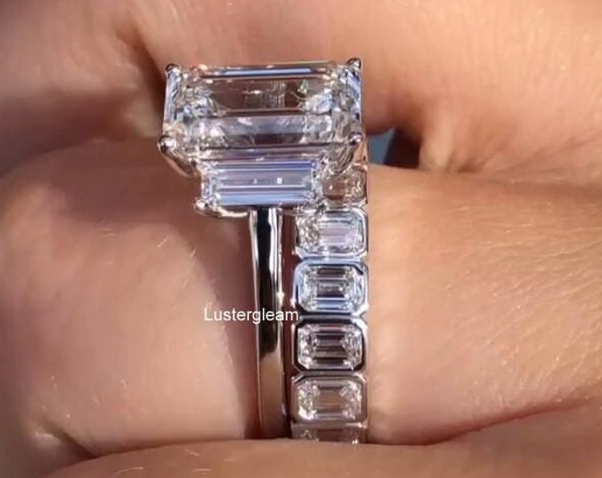 Three Stone 4 CT Emerald Cut Moissanite Diamond Ring Set With Bezel Full Eternity Band Emerald Engagement Ring Set 14K Gold Ring Set