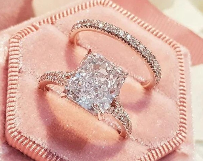 3 CT Radiant Cut Moissanite Diamond Ring Set Radiant Cut Engagement Ring Set 14K Gold Wedding Ring Set For Women Anniversary Ring Set