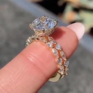 3 CT Round Cut Moissanite Diamond Engagement Ring Set With Half Eternity Band Round Cut Engagement Ring Set 14K Gold Wedding Ring Set