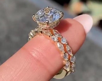3 CT Round Cut Moissanite Diamond Engagement Ring Set With Half Eternity Band Round Cut Engagement Ring Set 14K Gold Wedding Ring Set