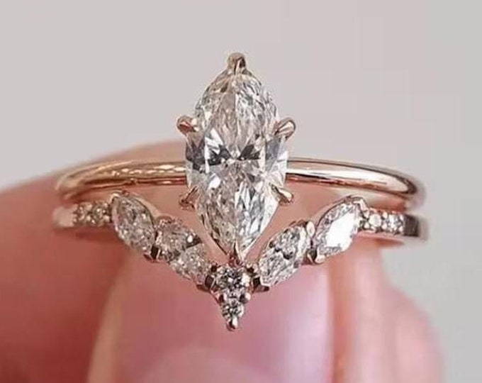 1 CT Marquise Cut Moissanite Diamond Wedding Sets Marquise Diamond Engagement Rings 14K Gold Ring Set Anniversary Ring Set For Women