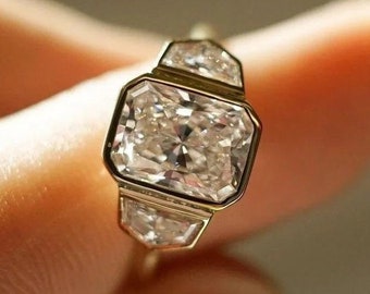 Three Stone 2.5 CT Radiant Cut Moissanite Engagement Ring 14K Gold Wedding Ring Bezel Set Ring Anniversary Ring For Women Promise Ring