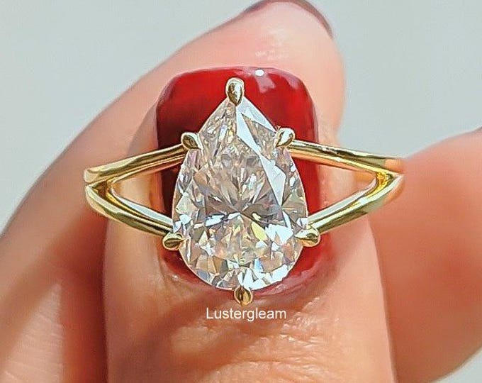 3 CT Pear Cut Moissanite Diamond Wedding Ring Pear Diamond Engagement Ring 14K Yellow Gold Ring Pear Split Shank Ring Teardrop Ring