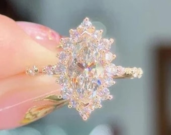 1.5 CT Marquise Cut Moissanite Engagement Ring 14K Gold Wedding Ring Halo Ring Marquise Solitaire Ring Anniversary Ring For Women