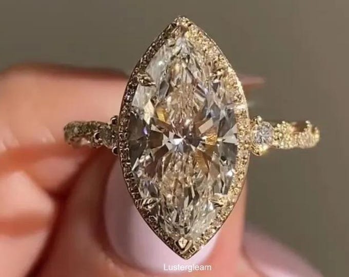 4 CT Marquise Cut Moissanite Engagement Ring Tulip Set Hidden Halo Ring 14K Gold Nature Inspired Ring Art Deco Wedding Gift Ring For Her