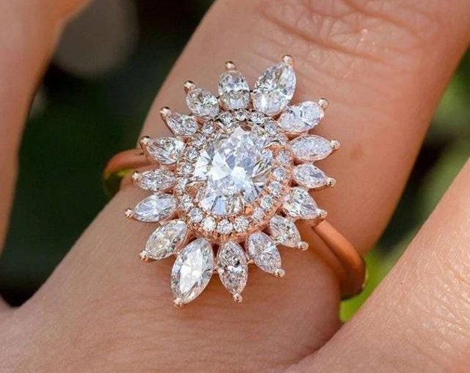 1 CT Oval Cut Star Brust Set Ring Oval Moissanite Diamond Engagement Ring 14K Gold Wedding Ring For Women Anniversary Ring Proposal Ring