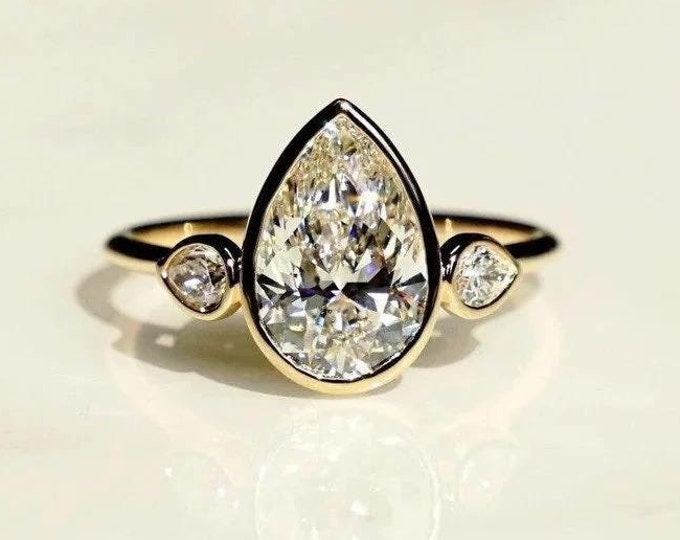 Bezel Set Three Stone 2 CT Pear Cut Moissanite Engagement Ring 14K Gold Wedding Ring Past Present Future Anniversary Ring For Women