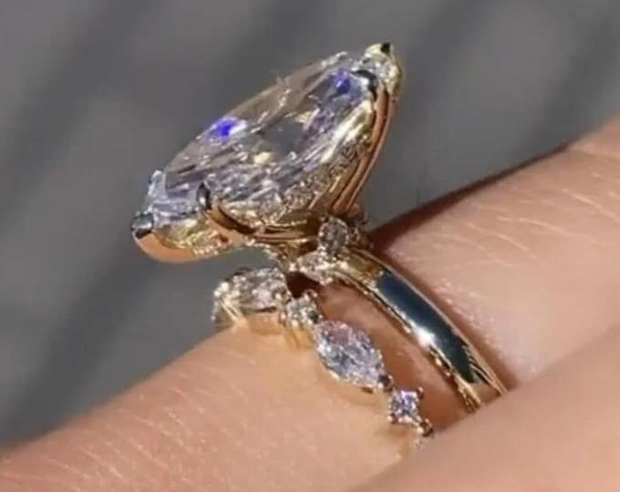 2.5 CT Marquise Cut Moissanite Engagement Ring Set Marquise Bridal Ring Set 14K Gold Wedding Ring Set Anniversary Ring Set For Women