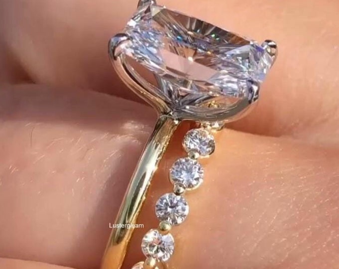 4 CT Radiant Cut Moissanite Diamond Ring Set Radiant Diamond Engagement Ring Set With Bubble Band Anniversary Ring Set 14K Gold Wedding Ring