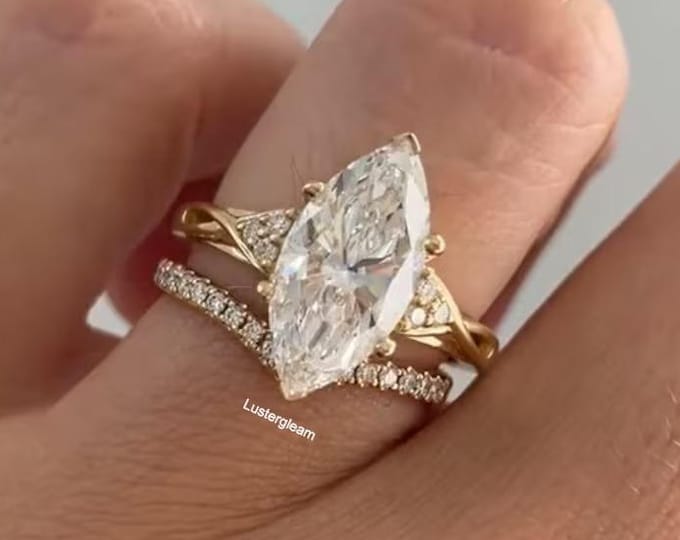 2.5 CT Marquise Cut Moissanite Bridal Ring Set 14K Gold Engagement Ring Set Anniversary Ring Set With Eternity Matching Band For Women