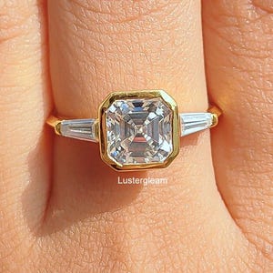 Three Stone 2 CT Asscher Cut Moissanite Diamond Ring Asscher Diamond Engagement Ring 14K Gold Wedding Ring Anniversary Ring For Women