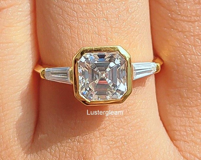 Three Stone 2 CT Asscher Cut Moissanite Diamond Ring Asscher Diamond Engagement Ring 14K Gold Wedding Ring Anniversary Ring For Women