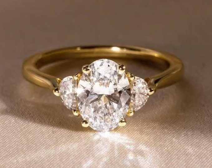 Three Stone Oval Cut Engagement Ring 3 CT Oval Moissanite Ring Unique Prong Ring 14K Gold Wedding Ring Trilogy Ring Anniversary Gift For Her
