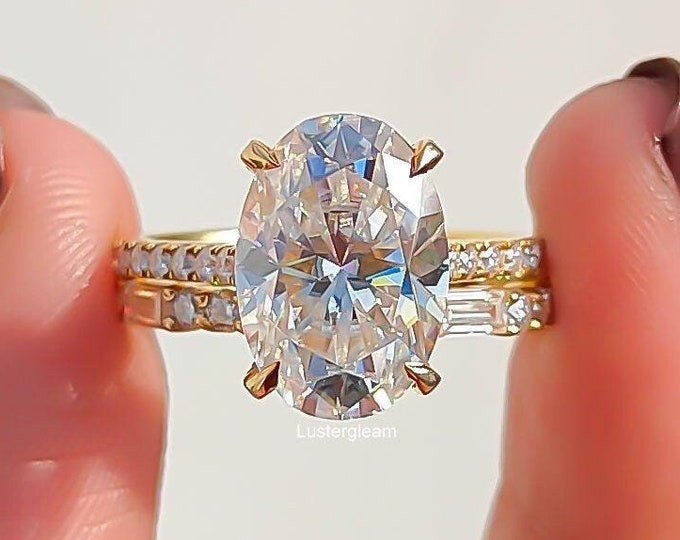 4 CT Oval Cut Moissanite Diamond Wedding Ring Set Oval Diamond Engagement Ring Set 14K Solid Gold Ring Set Anniversary Ring Set For Women