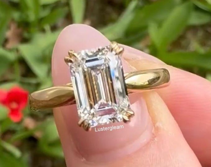 3 CT Emerald Cut Solitaire Moissanite Engagement Ring Hidden Halo 14K Gold Wedding Ring Wide Cigar Band Double Claw Prong Wedding Ring