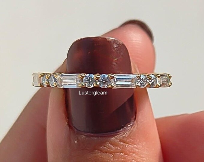 Baguette And Round Cut Moissanite Wedding Band Matching Band 14K Gold Stackable Band Unique Band Full Eternity Band Anniversary Gift