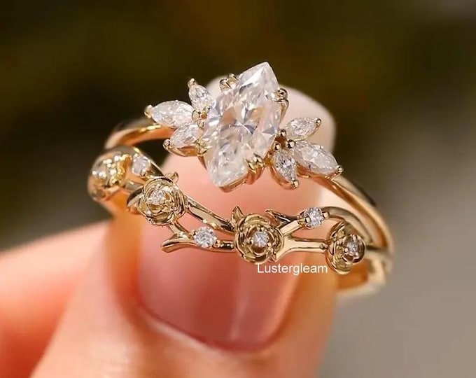 1.5 CT Marquise Cut Moissanite Diamond Bridal Sets Marquise Engagement Ring Set 14K Gold Wedding Ring Sets Cluster Ring Anniversary Ring Set