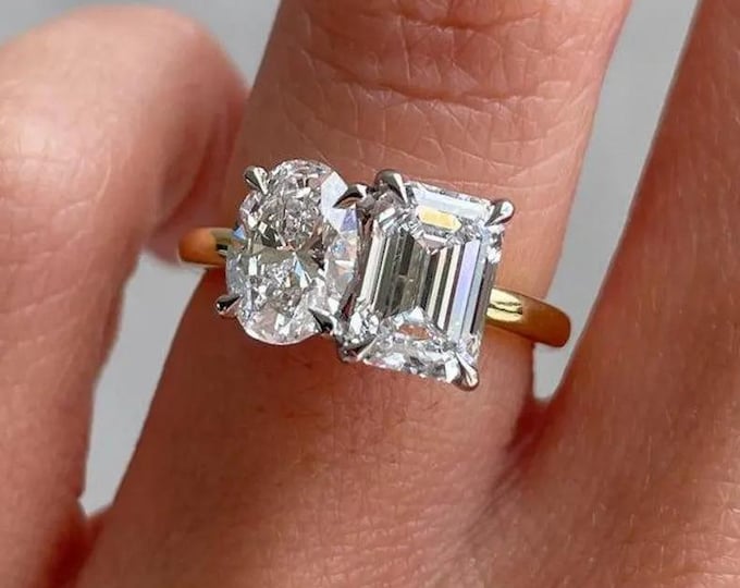 Toi Et Moi Oval & Emerald Cut Moissanite Engagement Ring Two Stone Ring For Women 14K Gold Ring Wedding Ring Anniversary Gift For Her