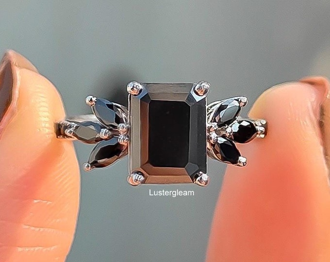 2.5 CT Black Emerald Cut Moissanite Engagement Ring Emerald Diamond Cluster Ring 14K White Gold Wedding Ring For Her Anniversary Gifts
