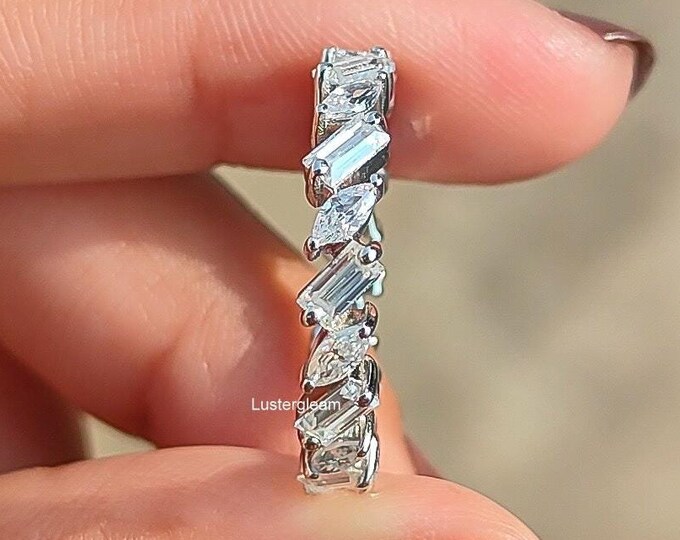 Baguette and Marquise Cut Moissanite Diamond Wedding Band Engagement Band 14K White Gold Band Anniversary Band For Women Proposal Band