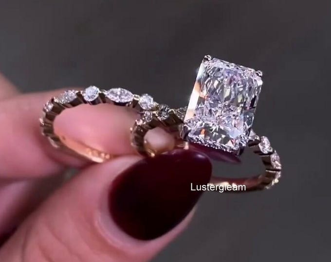 4ct Radiant Cut Moissanite Engagement Ring Set Bridal Ring Set 14K Gold Wedding Ring Set For Women Radiant Diamond Ring Set Anniversary Gift