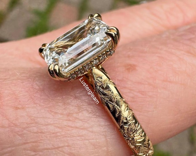 3 TCW Emerald Cut Moissanite Diamond Engagement Ring Engraved Band Double Claw Prongs 14K Gold Ring Emerald Hidden Halo Wedding Ring For Her