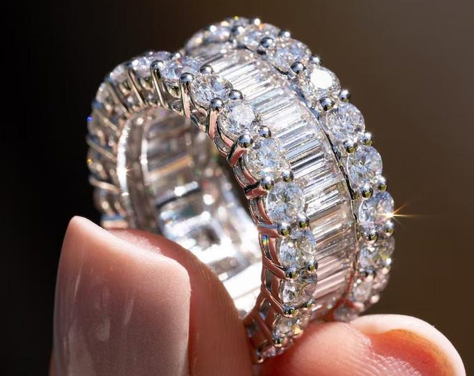 Full Eternity Round And baguette Cut Moissanite Wedding Band Engagement Band Stackable Band Anniversary Band For Women Matching Band