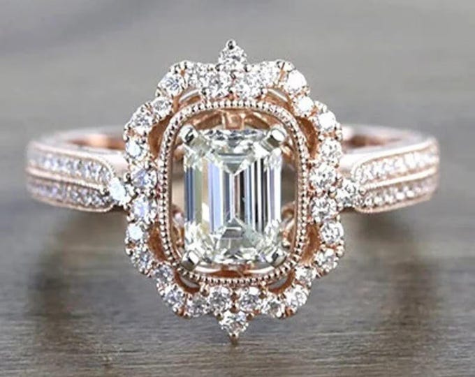 2 CT Emerald Cut Moissanite Diamond Ring Emerald Diamond Halo Engagement Ring 14K Gold Wedding Ring Anniversary Ring For Women Promise Ring