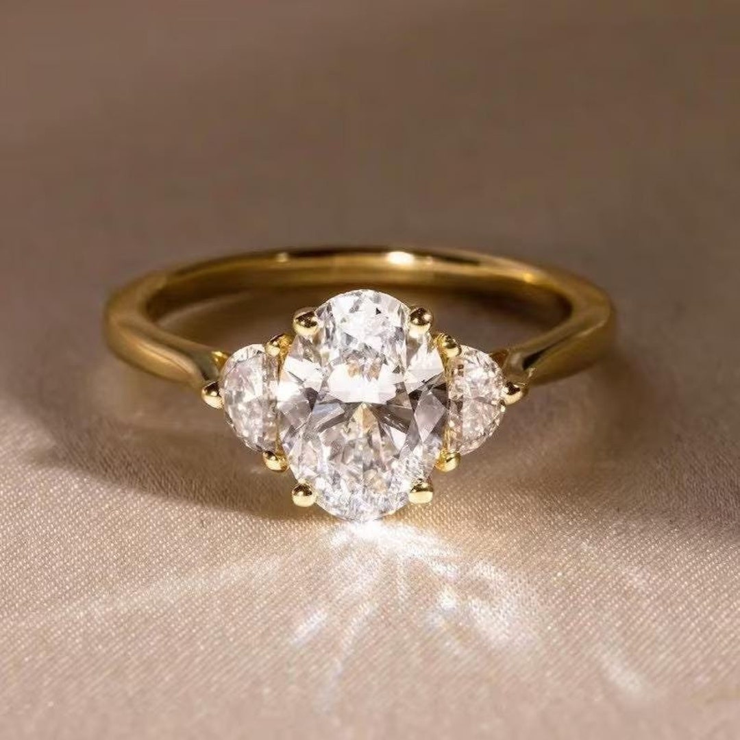 Three Stone Oval Cut Engagement Ring 3 CT Oval Moissanite Ring Unique ...
