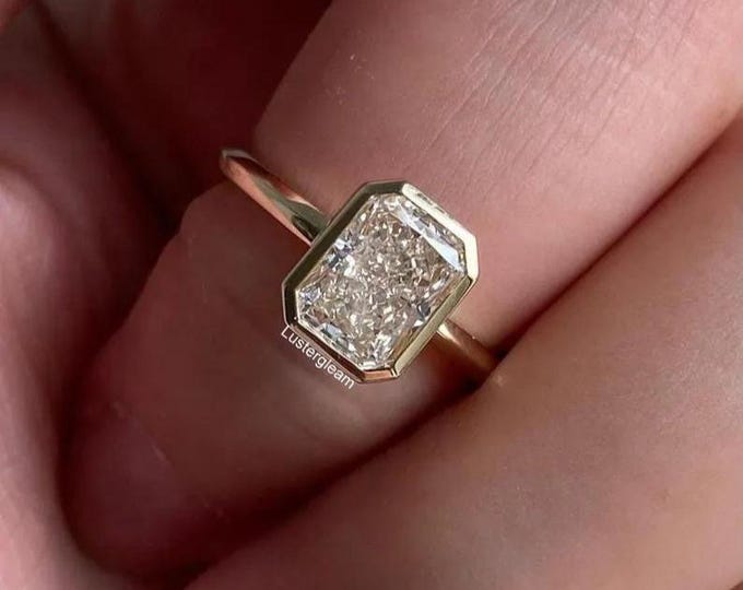 3CT Radiant Cut Moissanite Engagement Ring Ice Crushed Solitaire Ring 14K Gold Wedding Ring Delicate Full Bezel Set Anniversary Gift For Her