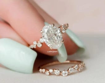 2.5 Oval Cut Moissanite Engagement Bridal Ring Set With Matching Bubble Band Stylish Wedding Band Unique Oval Ring Set Vintage Ring