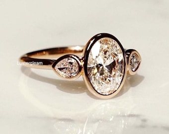 Three Stone 3 CT Oval Cut Moissanite Diamond Ring Oval Bezel Set Engagement Ring 14K Gold Wedding Ring For Women Trilogy Ring Promise Ring