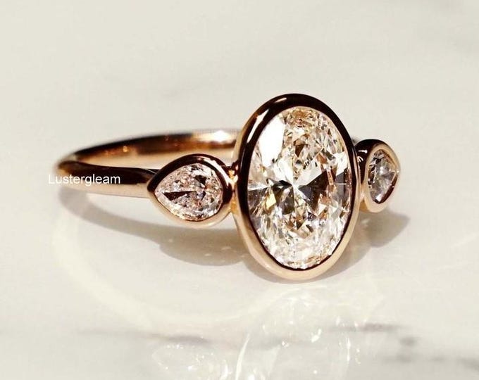 Three Stone 3 CT Oval Cut Moissanite Diamond Ring Oval Bezel Set Engagement Ring 14K Gold Wedding Ring For Women Trilogy Ring Promise Ring