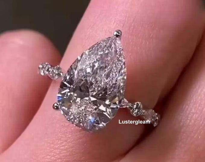 4 CT Pear Cut Moissanite Ring Pear Engagement Ring Hidden Halo Ring 14K Solid White Gold Wedding Ring Pear Diamond Ring Anniversary Gifts