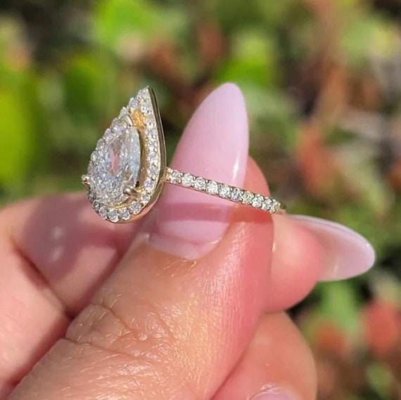 CT Pear Cut Moissanite Diamond Ring Pear Halo Engagement Ring