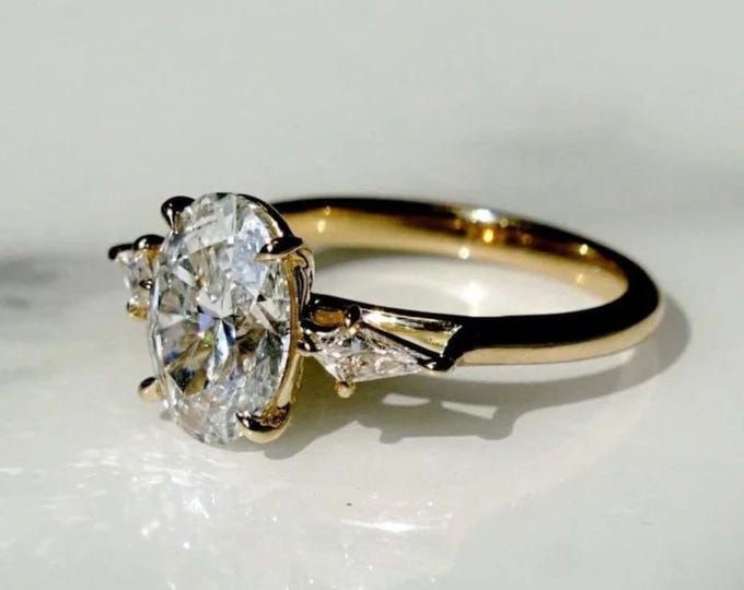 Three Stone Oval Cut Engagement Ring 3 CT Oval Moissanite Ring 14K Gold Wedding Ring Trilogy Ring Anniversary Gift Past Present Future