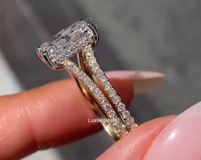3 Ct Radiant Cut Moissanite Diamond Engagement Ring 14K Gold Wedding Ring For Women Double Shank Ring Two Tone Ring Anniversary Ring