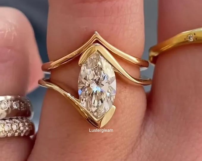 3CT Marquise Cut Moissanite Bridal Ring Set Chevron Band Engagement Ring Set Art Deco Ring Set Unique Ring Set 14K Gold Wedding Band For Her